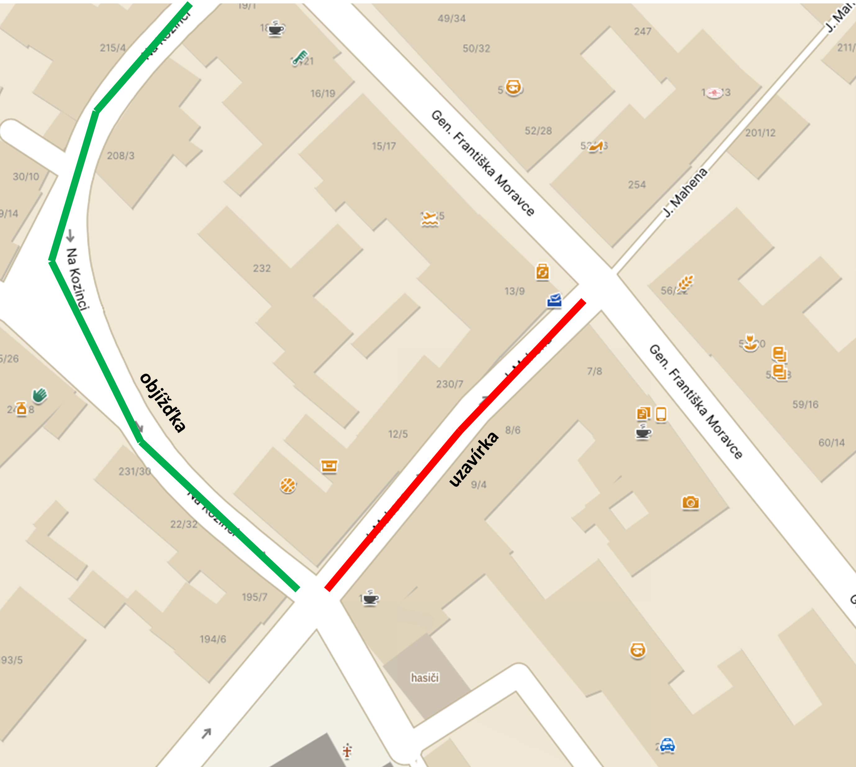 mapa objízdné trasy